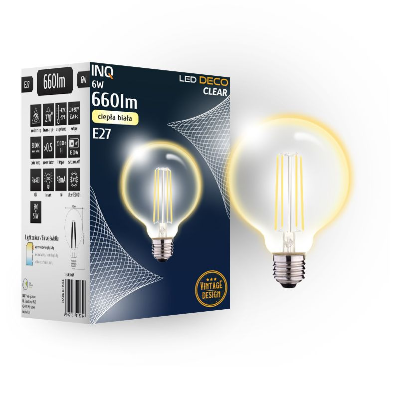 Filament led G95 glob E27 6W 660lm 3000K INQ