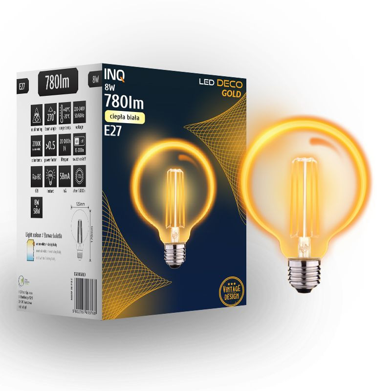 Filament led G125 glob E27 8W 780lm 2700K GOLD INQ