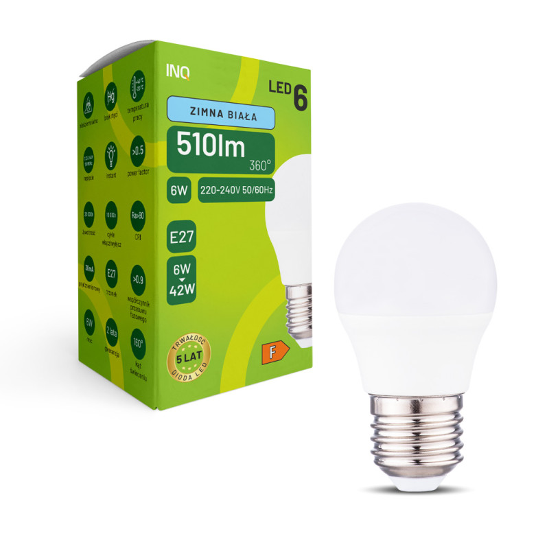 LED G45 E27 6W kulka 510lm 6500K INQ