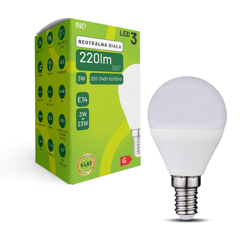 LED G45 E14 3W kulka 220lm 4000K INQ