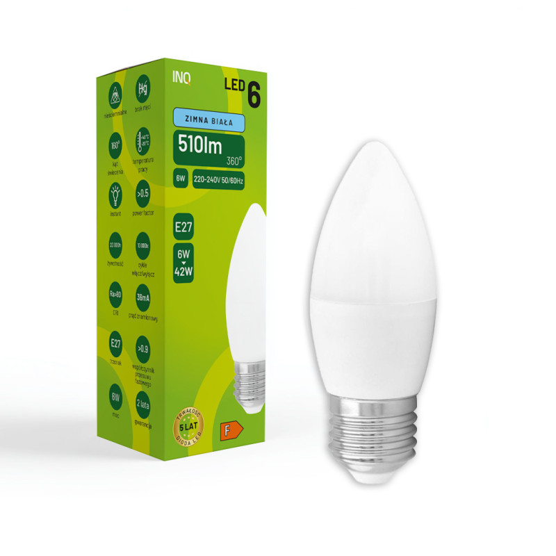 LED C37 E27 6W świeczka 510lm 6500K INQ
