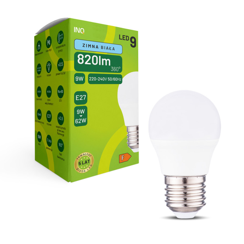LED G45 E27 9W kulka 820lm 6500K INQ