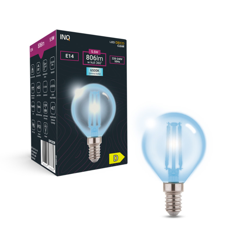 Filament LED G45 kulka E14 5,5W 806lm 6500K INQ
