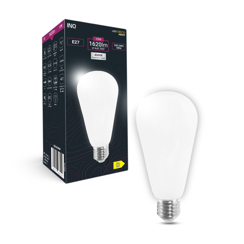 Filament LED milky ST64 E27 12W 1620lm 4000K INQ