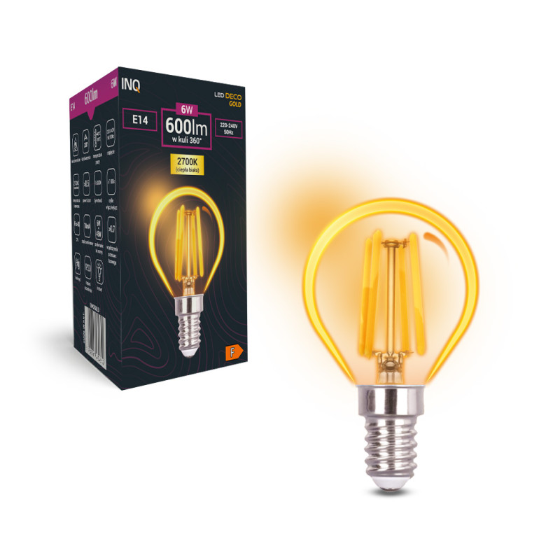Filament LED gold G45 kulka E14 6W 600lm 2700K INQ
