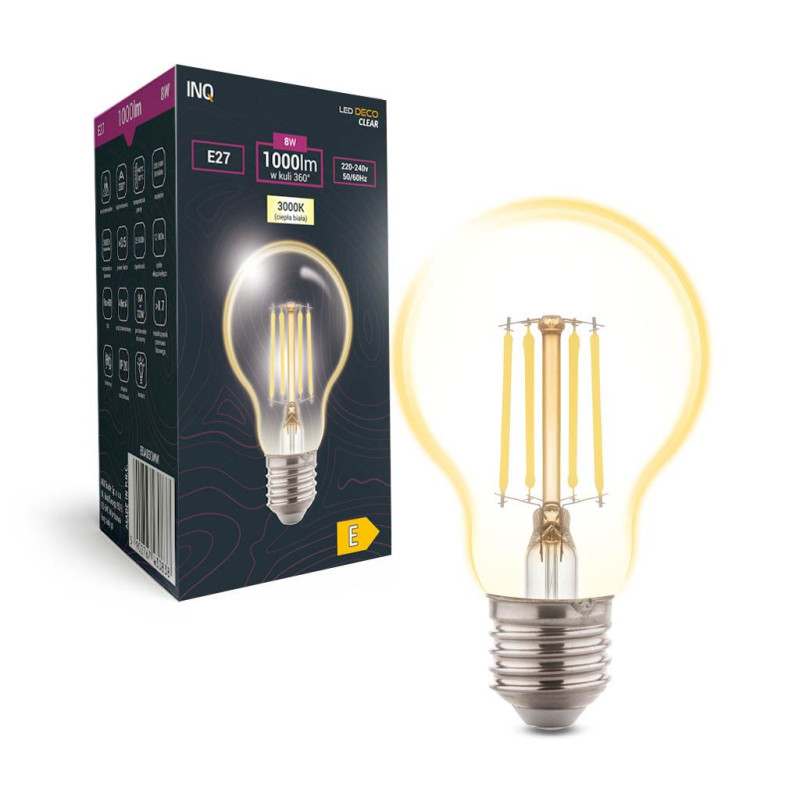 Filament LED A60 bulb E27 8W 1000lm 3000K INQ
