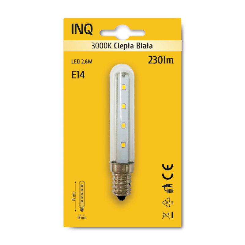 LED E14 2,6W T18L 230lm 3000K okap long INQ