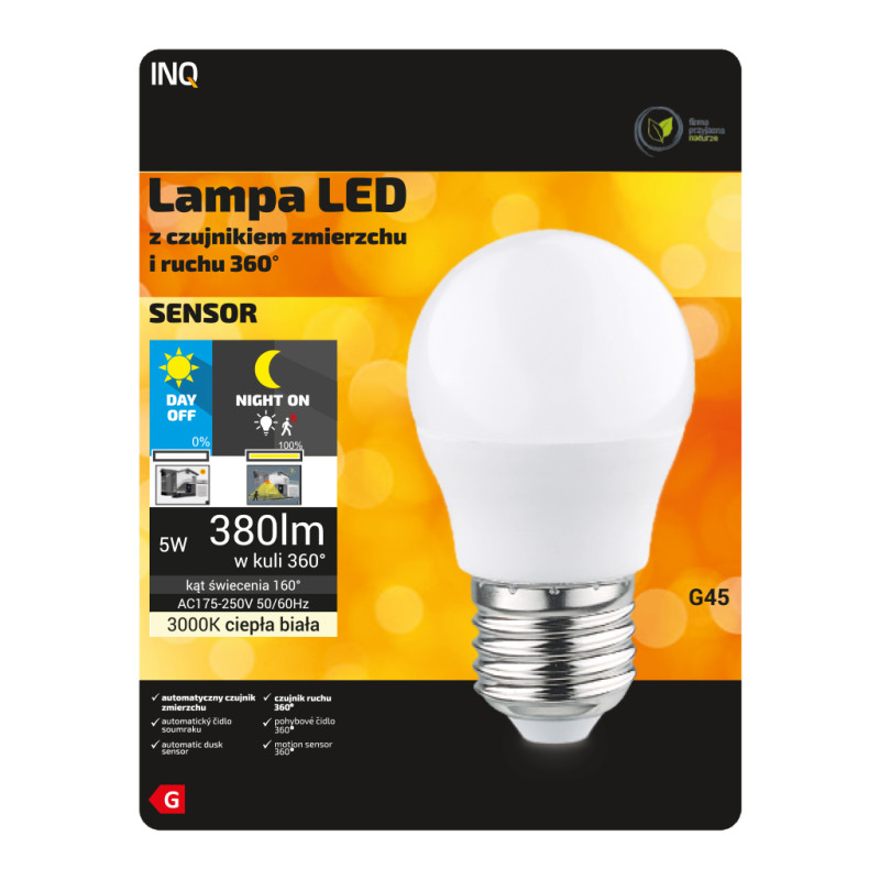 LED G45 E27 5W 380lm 3000K z czujnikiem zmierzchu i ruchu HF 360 INQ