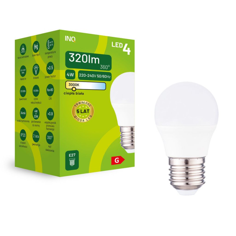 LED G45 E27 4W kulka 320lm 3000K INQ