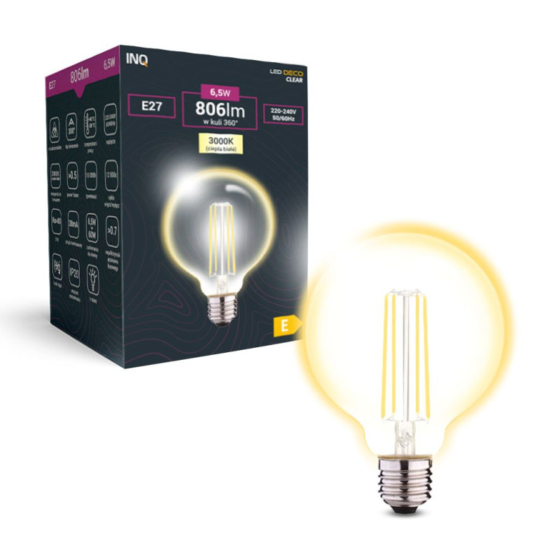Filament LED G80 E27 6,5W 806lm 3000K INQ