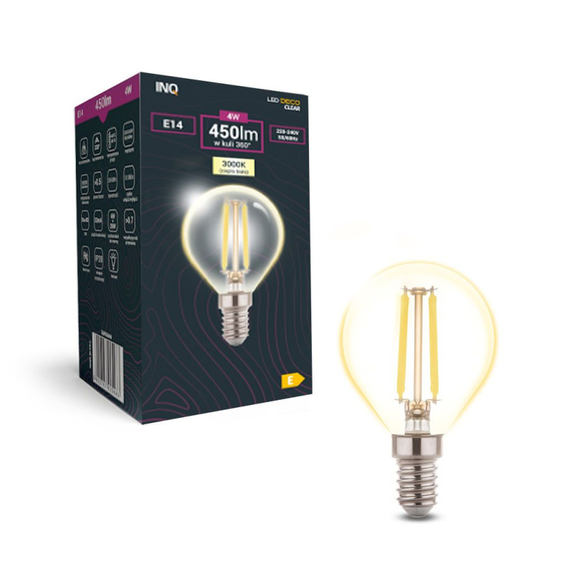 Filament LED G45 kulka E14 4W 450lm 3000K INQ