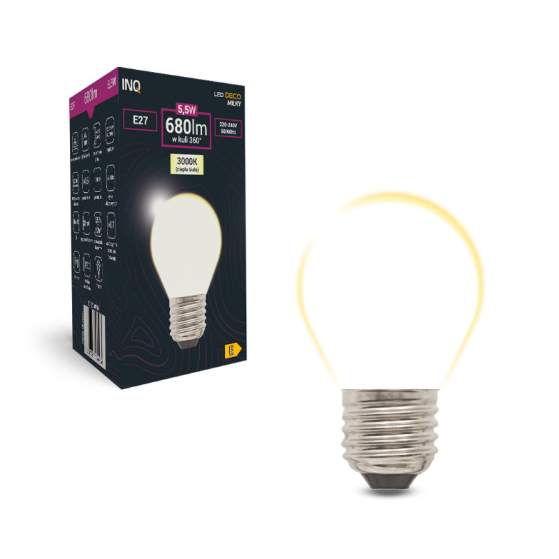 LED milky G45 E27 5,5W kulka  680lm 3000K INQ