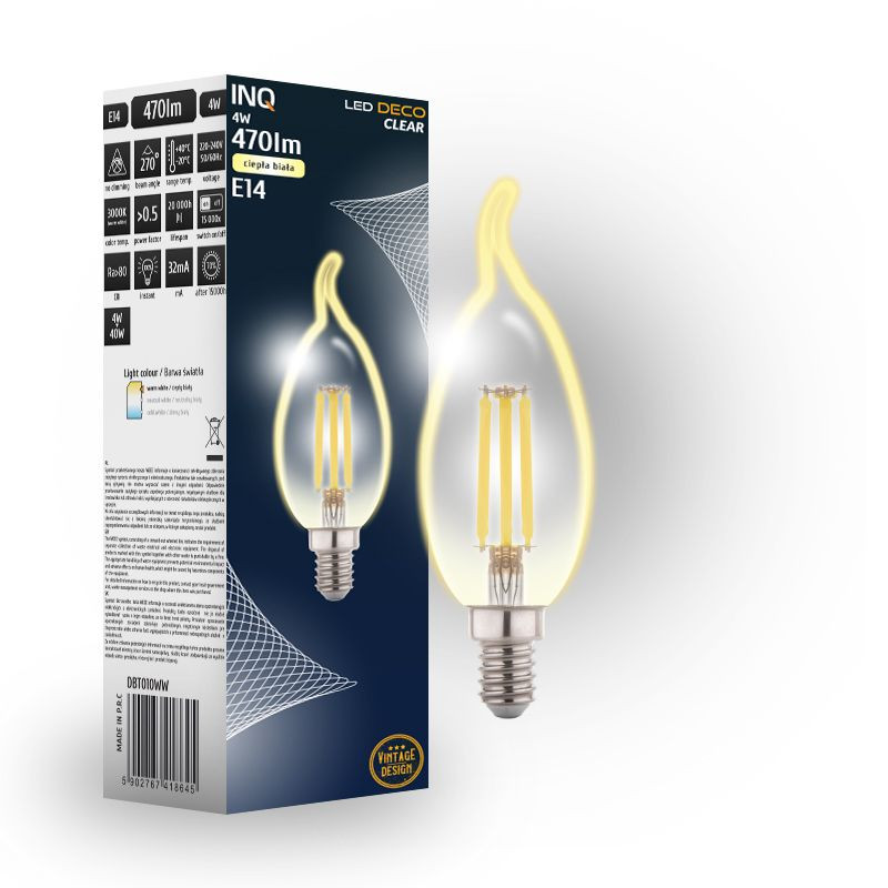 Filament led C37 płomyk BXS E14 4W 470lm 3000K INQ