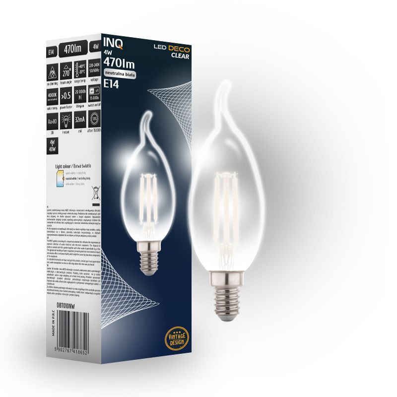 Filament led C37 płomyk BXS E14 4W 470lm 4000K INQ