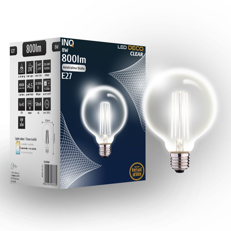 Filament led G125 glob E27 8W 800lm 4000K INQ