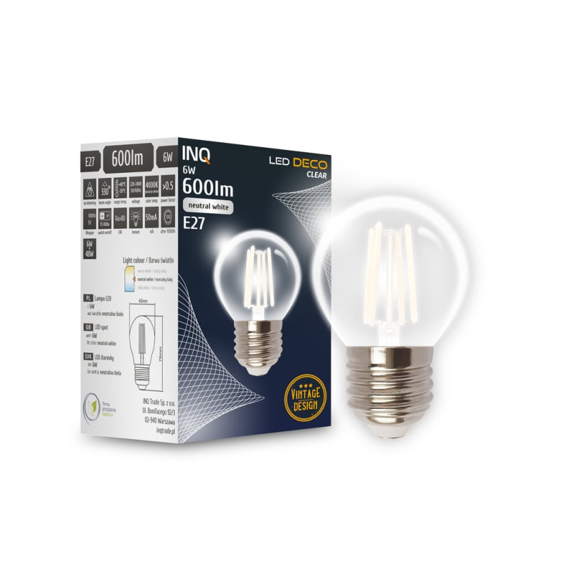 Filament led G45 kulka E27 6W 600lm 4000K INQ 