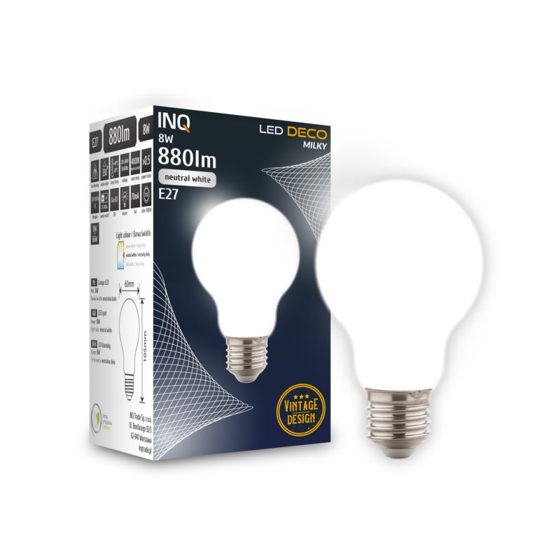 Filament led milky A60 bulb E27 8W 880lm 4000K INQ