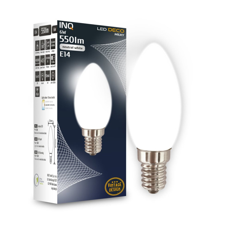 Filament led milky C37 świeca E14 6W 550lm 4000K INQ