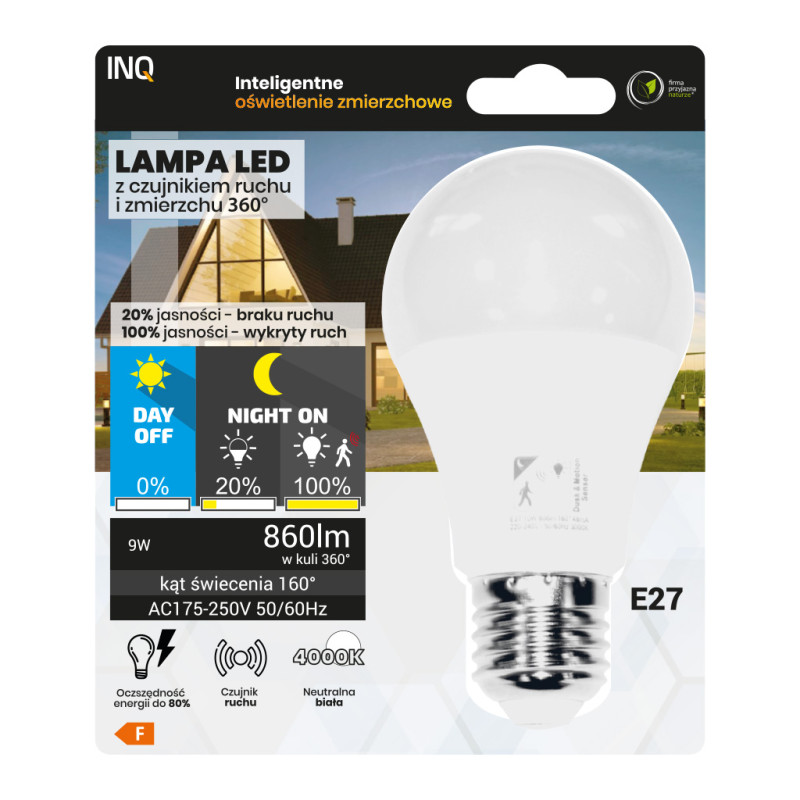 Lampa led E27 A60 9W 4000K 806lm z czujnikiem ruchu i zmierzchu 20% HF 360 INQ