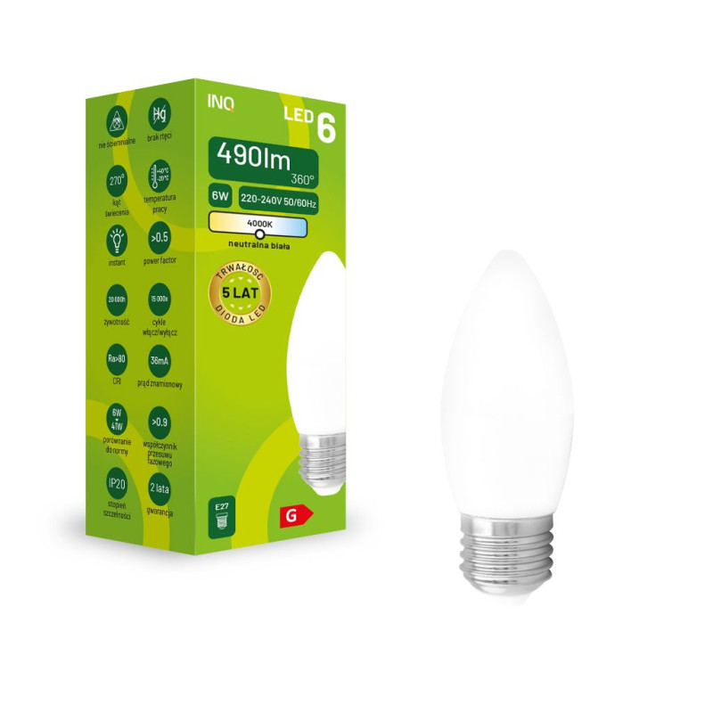 Led C37 E27  6W świeczka 490lm 4000K INQ