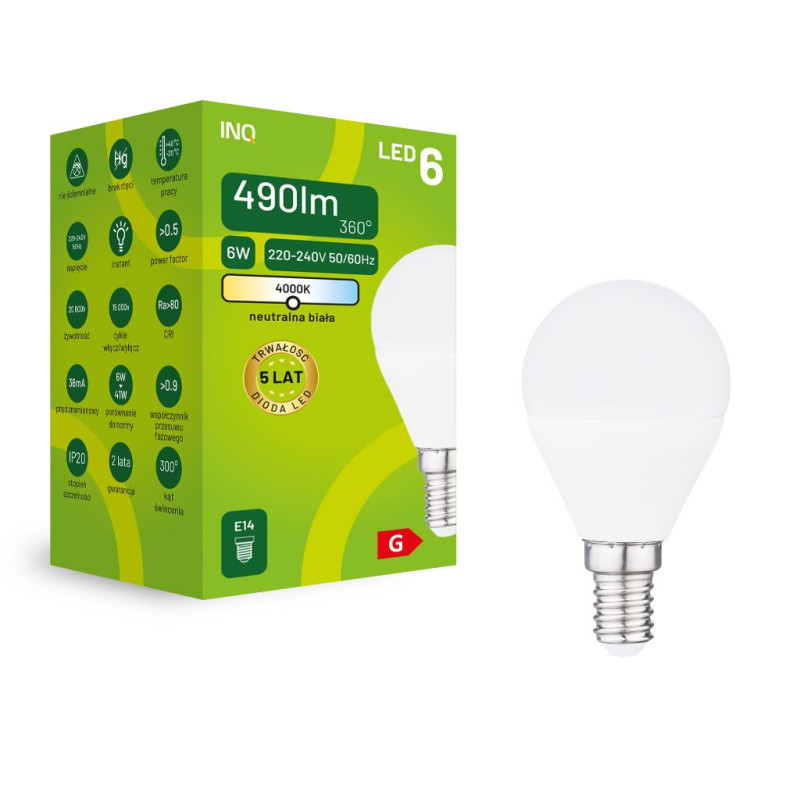 Led G45 E14  6W kulka 490lm 4000K INQ