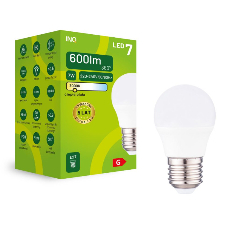 Led G45 E27  7W kulka 600lm 3000K INQ