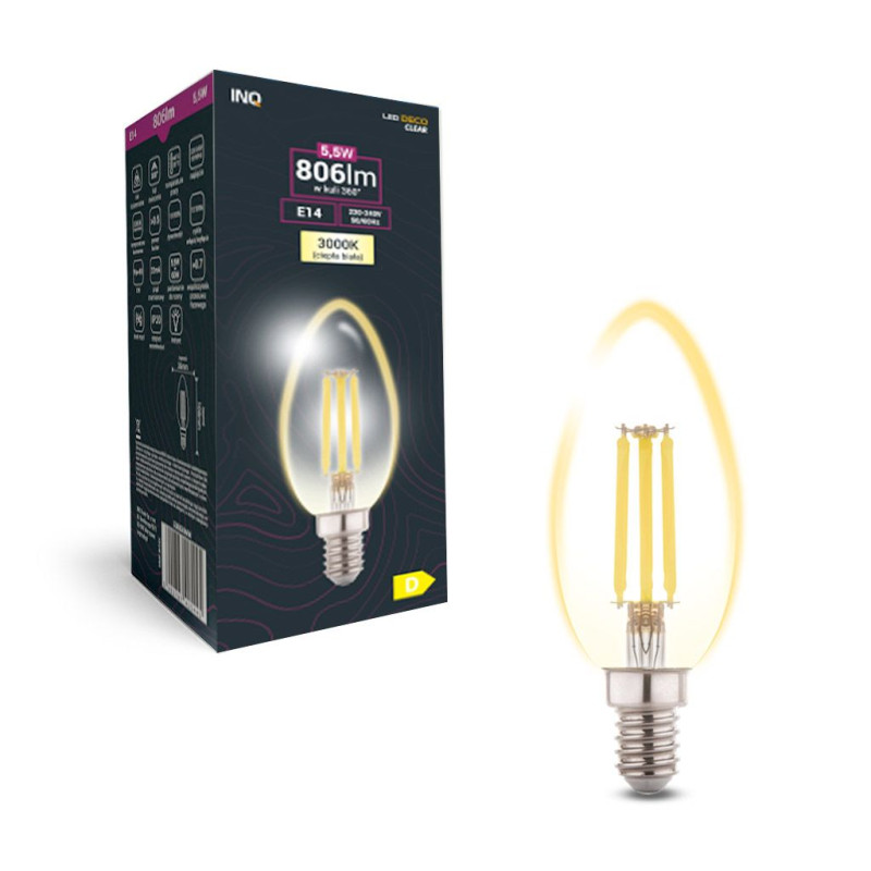 Filament  Led C37 świeczka E14  5,5W 806lm 3000K INQ