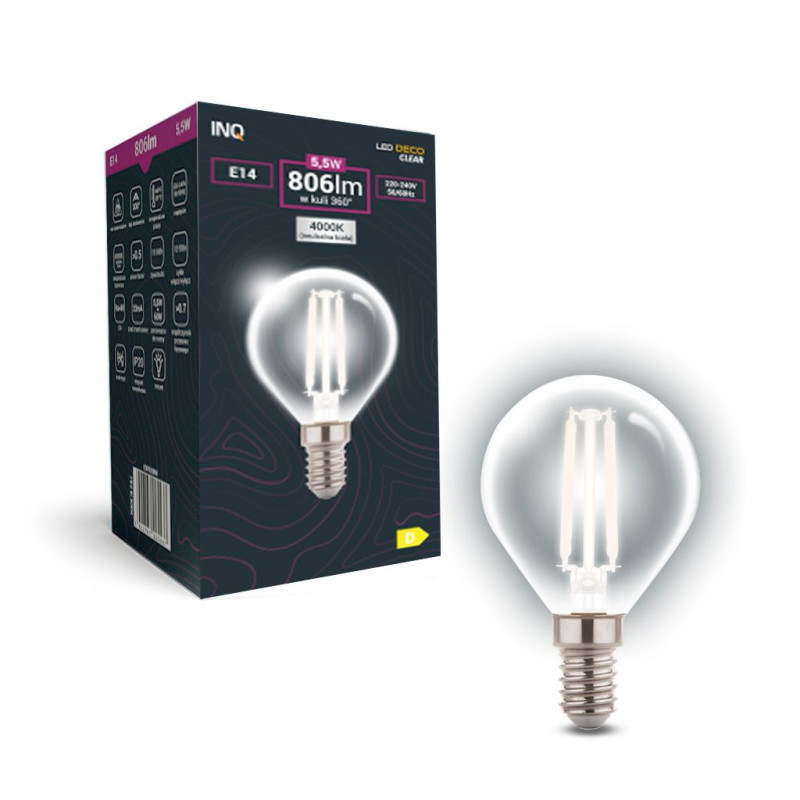 Filament  Led G45 kulka E14  5,5W 806lm 4000K INQ