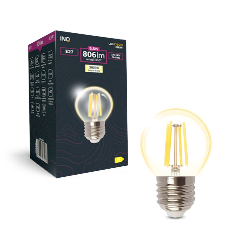 Filament  Led G45 kulka E27  5,5W 806lm 3000K INQ