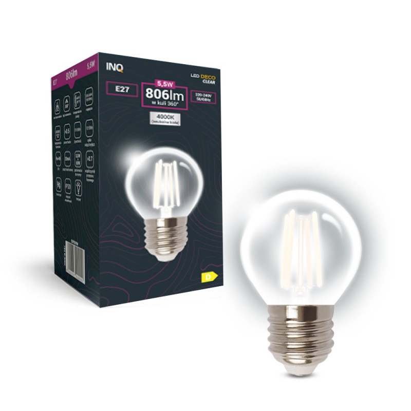 Filament  Led G45 kulka E27  5,5W 806lm 4000K INQ