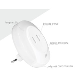 Lampka nocna wtykowa LED 0.4W 15lm z czujnikiem zmierzchu i gniazdem 2xUSB ELEKTRO