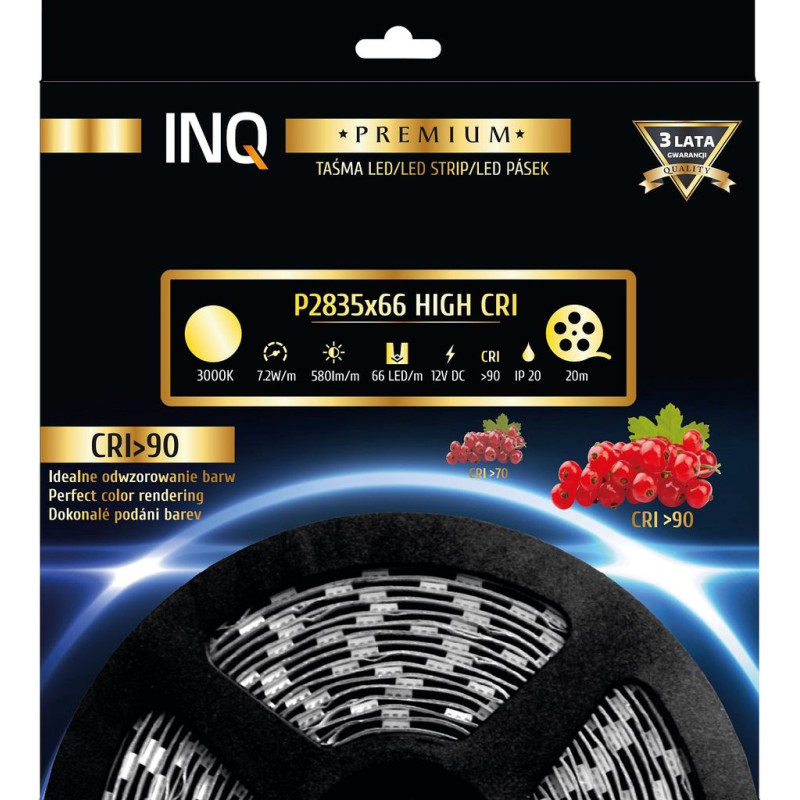 Taśma LED P2835x66 7,2W 580lm/m 3000K IP20 RA90 20m INQ P2835-66-20-WW-20